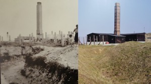 Ein Teil des Baubestandes des Lagers ist alt, ein Teil neu. Hier im Fotovergleich das Krematorium von Majdanek bei Kriegsende und heute.