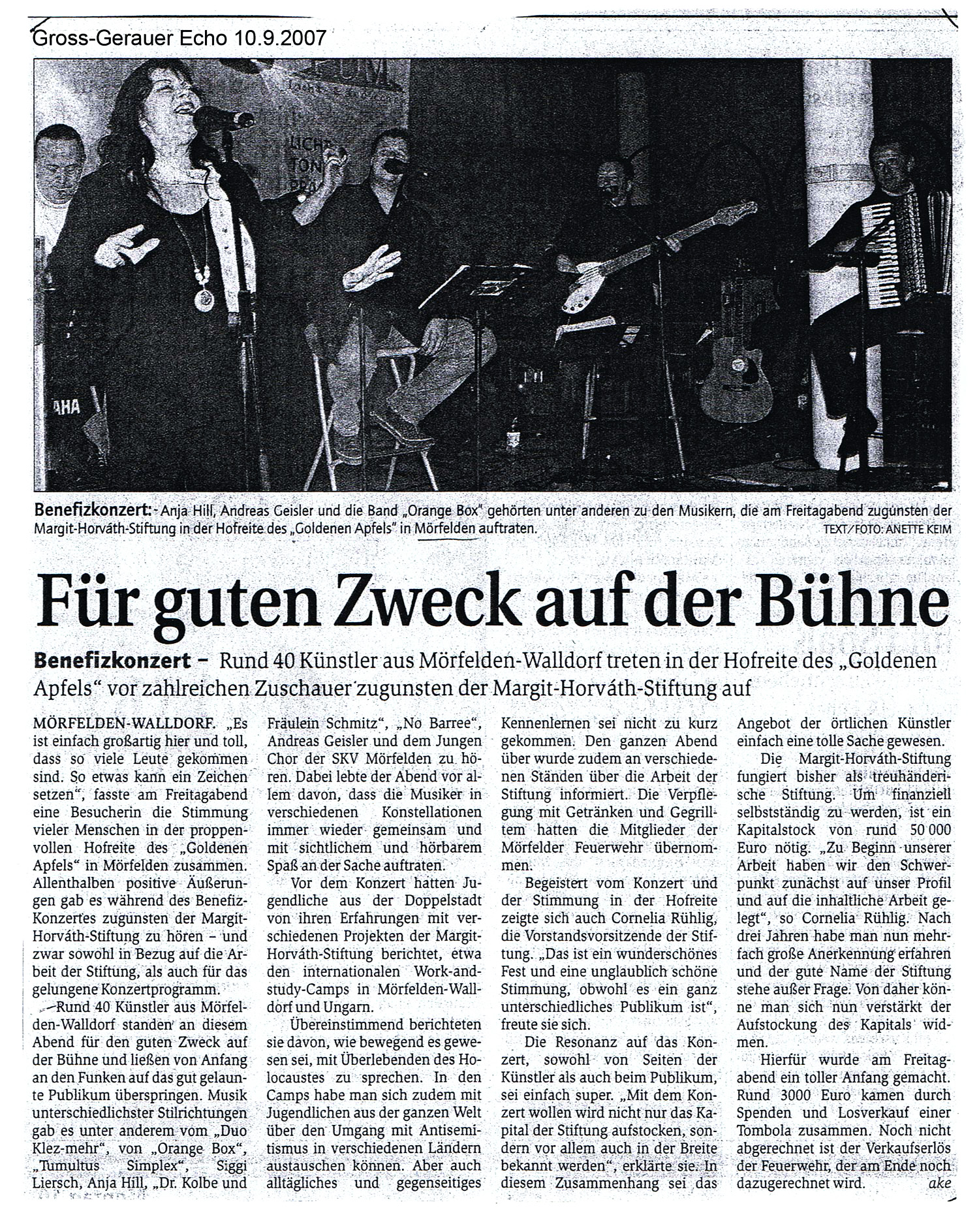 Zeitungsbericht über das Benefizkonzert aus dem "Groß-Gerauer Echo" vom 10. September 2007