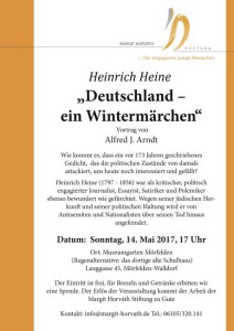 Am 14. Mai 2017 referiert Alfred J. Arndt im Mörfelder Museumsgarten über das starirische Versepos von Heinrich Heine "Deutschland. Ein Wintermärchen". 