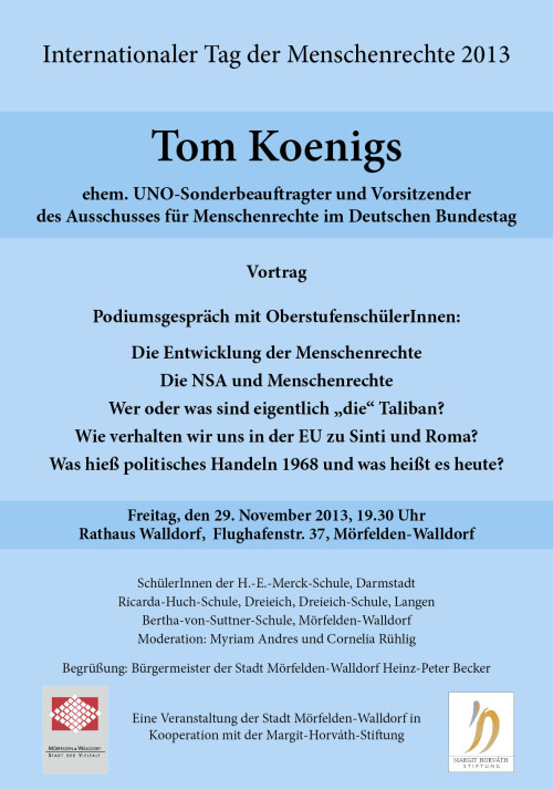 Veranstaltung zum Internationalen Tag für Menschenrechte mit Tom Koenigs am 29. November 2013, 19.30 Uhr