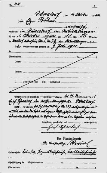 Sterbeeintrag Elsa Böhm Die SS gab 1944 als Todesursache im Rathaus Walldorf an: „Kreislaufschwäche“ Standesamtliche Akten der Gemeindeverwaltung Walldorf 