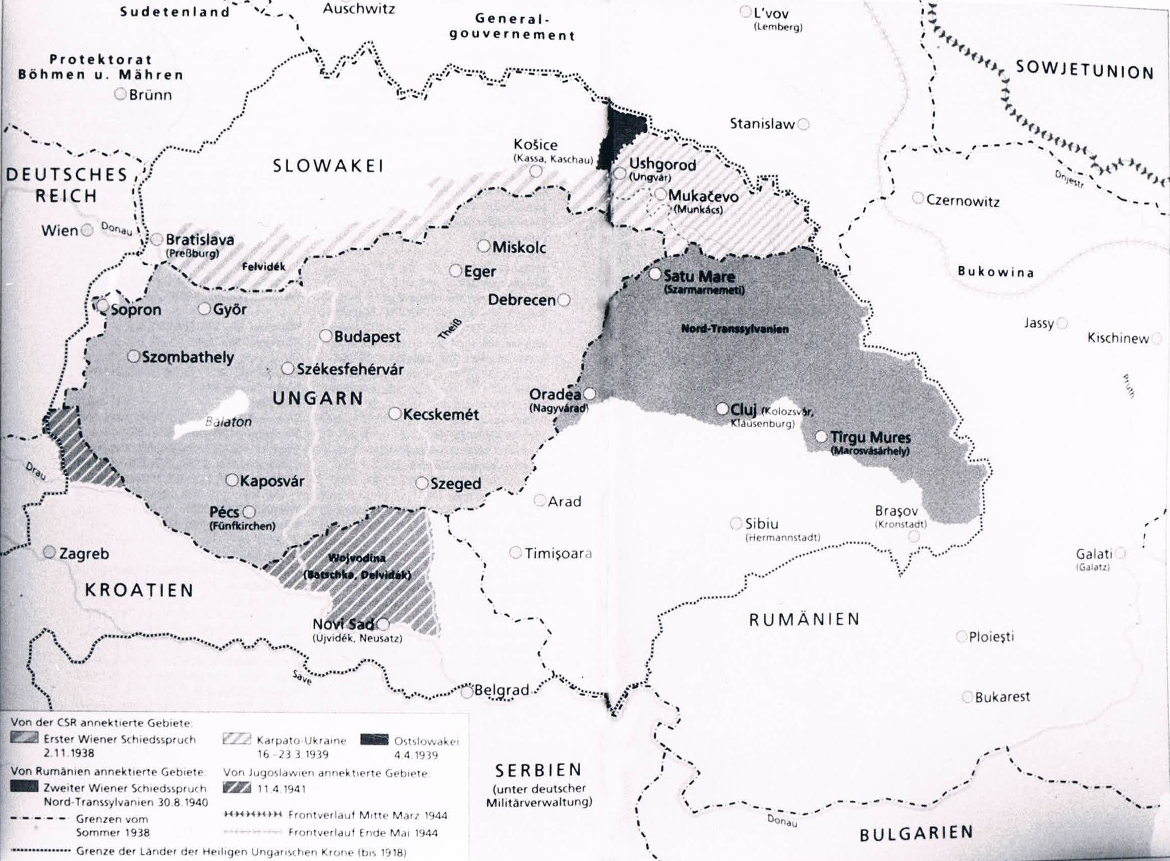 Landkarte mit ehemaligen ungarischen Gebieten Quelle: Chr. Gerlach: Das letzte Kapitel, Deutsche Verlags-Anstalt, 2002, S. 482-483.