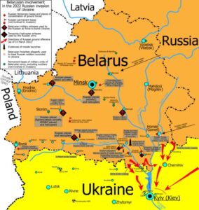 Die Karte zeigt die Einbindung von Belarus in die russische Offensive gegen die Ukraine.