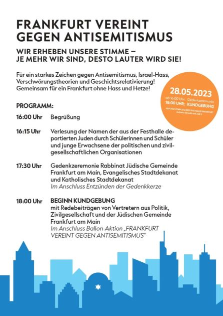 Plakat der Jüdischen Gemeinde Frankfurt zur Protestkundgebung am 28. Mai 2023.