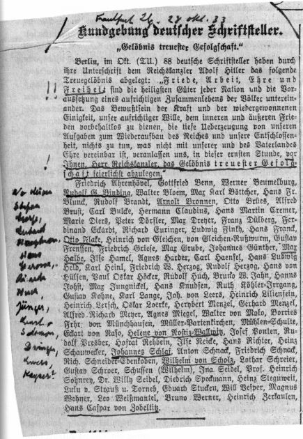 Das “Gelöb­nis treu­es­ter Gefolg­schaft” Aus: Frank­fur­ter Zei­tung vom 26. Okt. 1933 mit Rand­no­ti­zen von Harry Graf Kessler