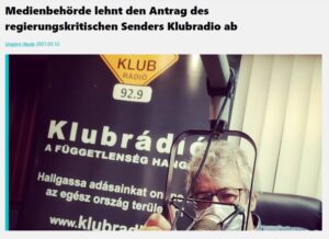 Die ungarische Medienbehörde NMHH hat die 92,9-MHz Radio-Frequenz nicht mehr an das Klubrádió vergeben; d.h. der Sender wird geschlossen.