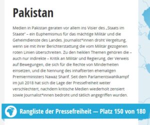 "Reporter ohne Grenzen" stuft Pakistan im weltweiten Vergleich auf Platz 150 von insgesamt 180 Rängen.