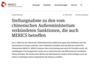 Stellungnahme des deutschen China Think Tanks Merics vom 22. März 2021, Screenshot von deren Homepage