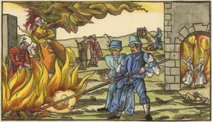 Hexenverbrennung in Derenburg am Harz. Illustration aus Flugblatt, Nürnberg, 1555.