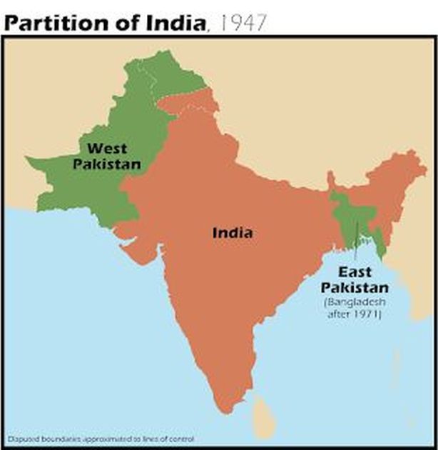 West- und Ost-Pakistan 1947; Ost-Pakistan ist seit 1971 der selbstständige Staat Bangladesch.